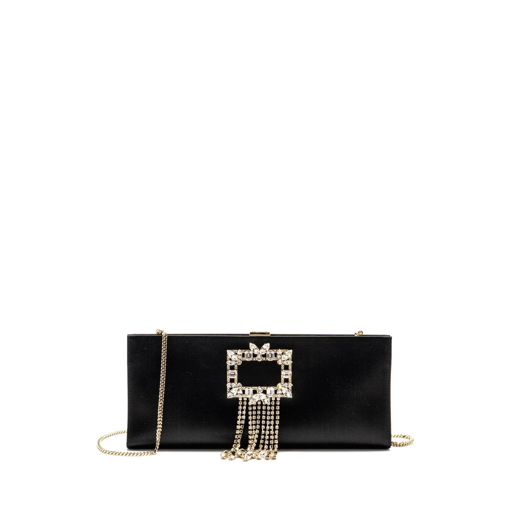 ROGER VIVIER STRASS BUCKLED CLUTCH/PURSE WITH CHAIN SATIN BLACK LGHW