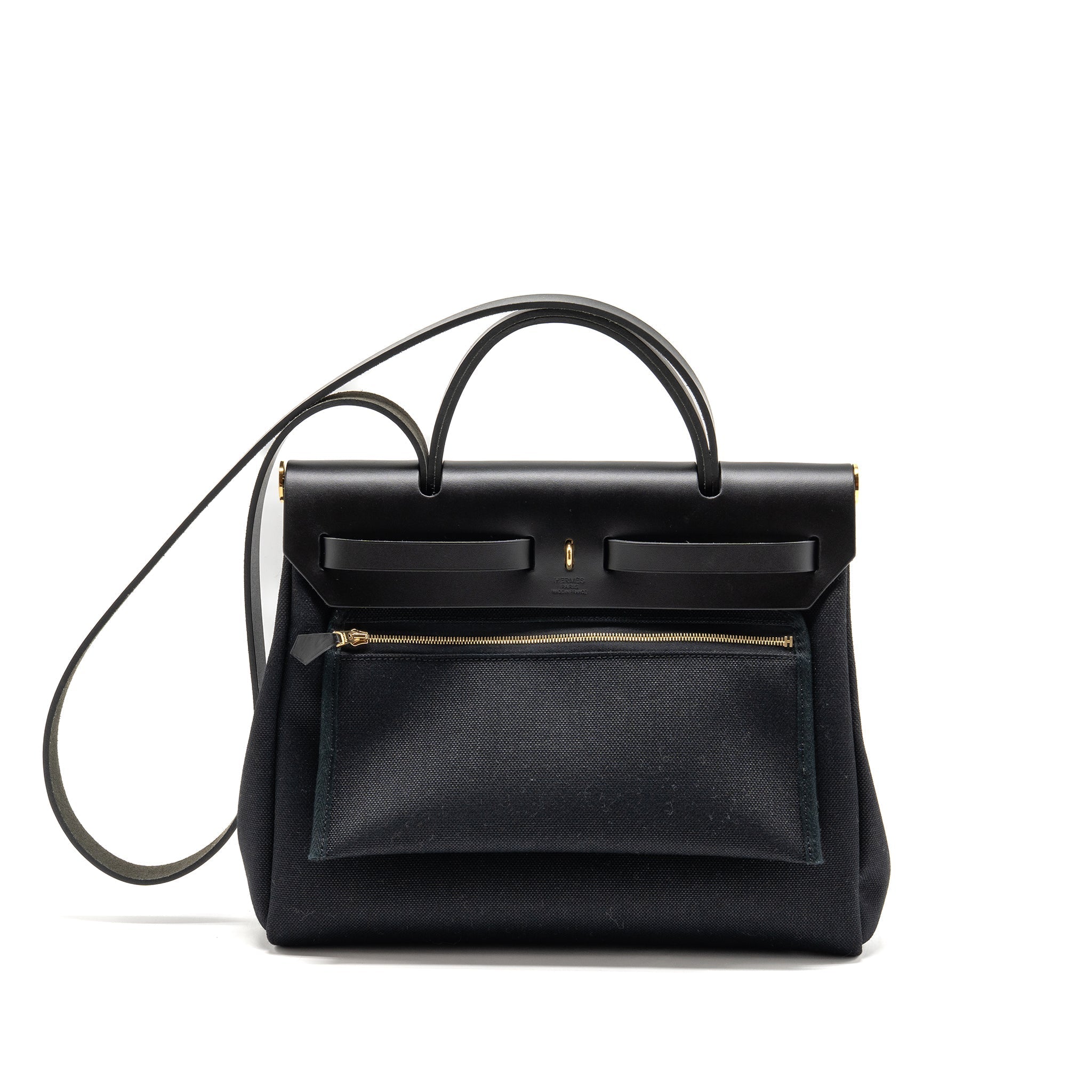 HERMES HERBAG 31 ZIP BAG CANVAS/ HUNTER LEATHER BLACK GHW