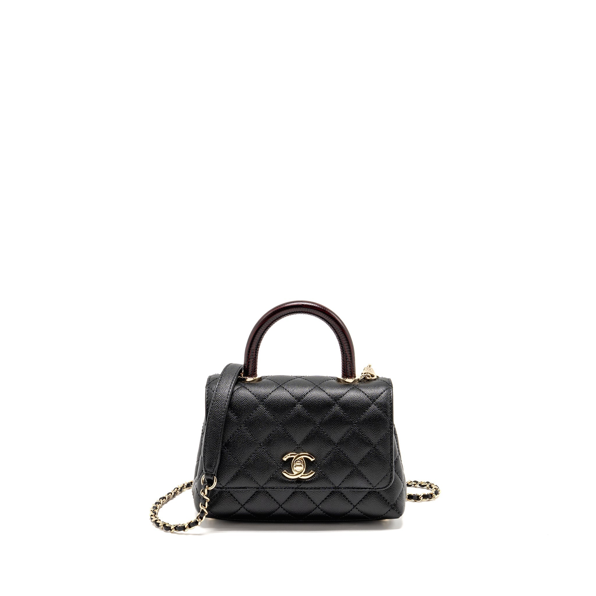 CHANEL MINI COCO HANDLE CAVIAR BLACK / BURGUNDY HANDLE LGHW (MICROCHIP)