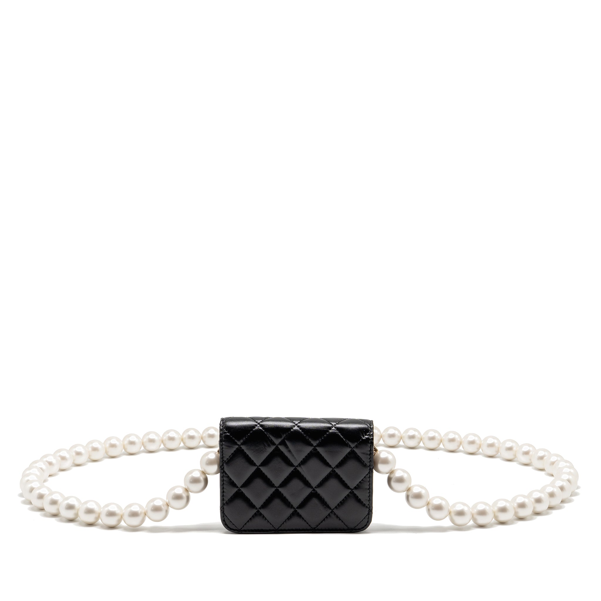 CHANEL CARD HOLDER WITH MAXI PEARLS CHAIN LAMBSKIN BLACK LGHW