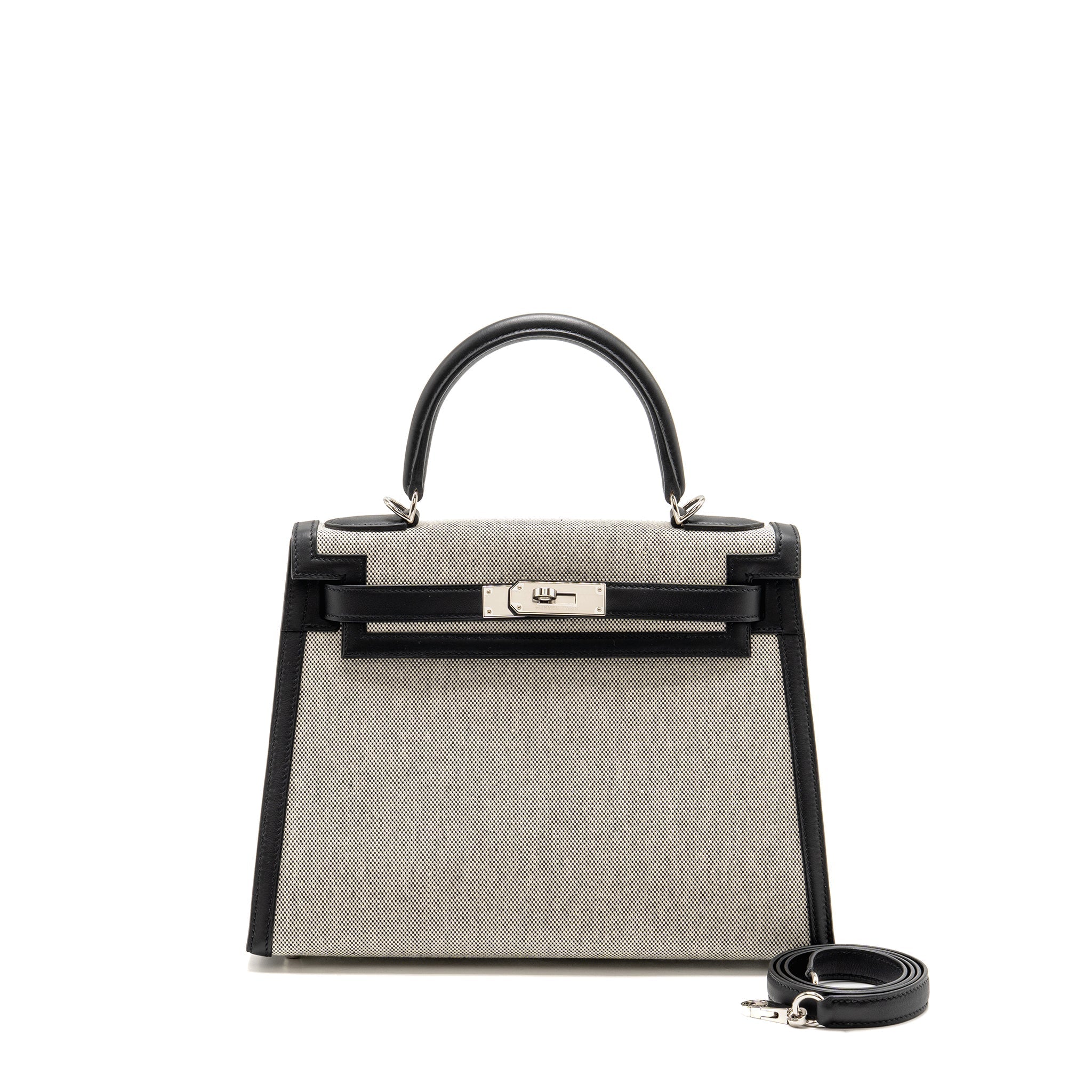 HERMES KELLY 28 SELLIER TOILE H / SWIFT ECRU - BLACK / BLACK SHW