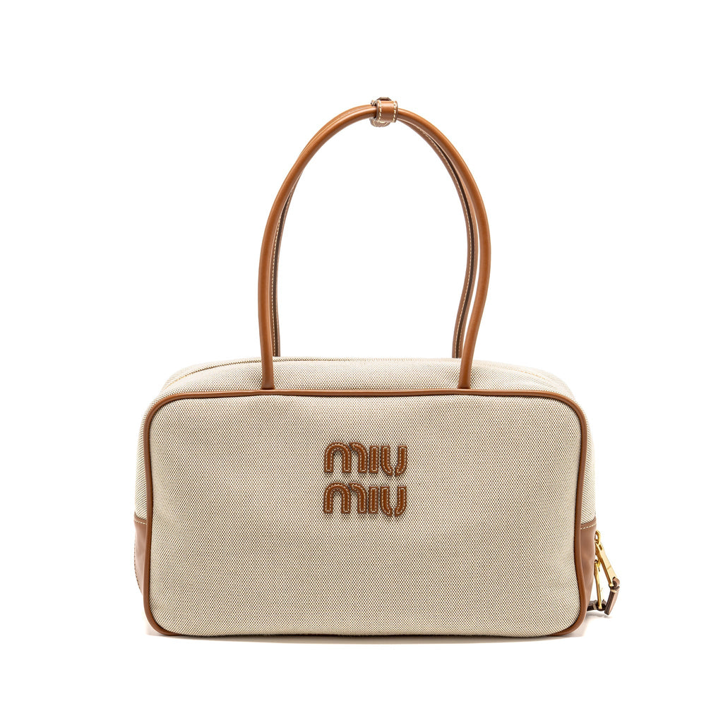 MIU MIU BEAU BAG CANVAS/ LEATHER BEIGE/ BRANDY GHW