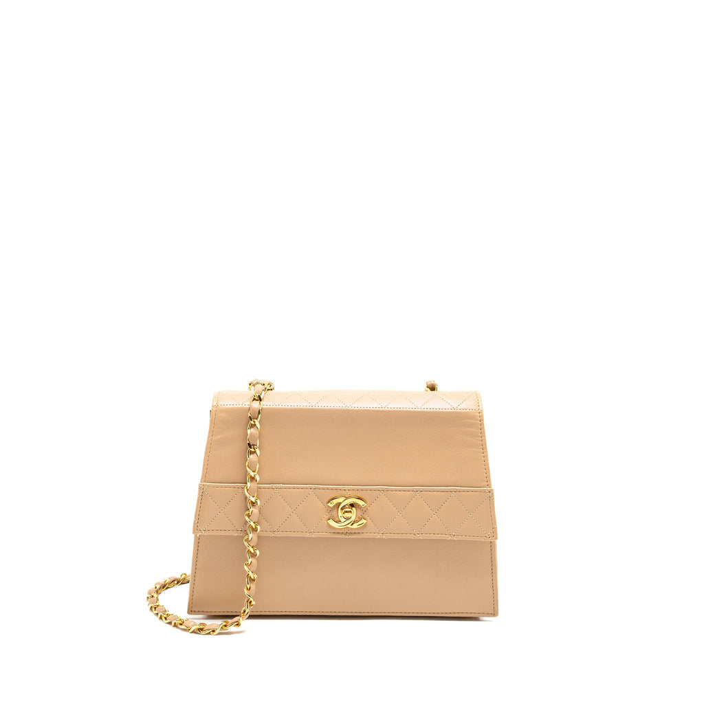 CHANEL VINTAGE TRAPEZOID SHOULDER BAG QUILTED LAMBSKIN BEIGE GHW