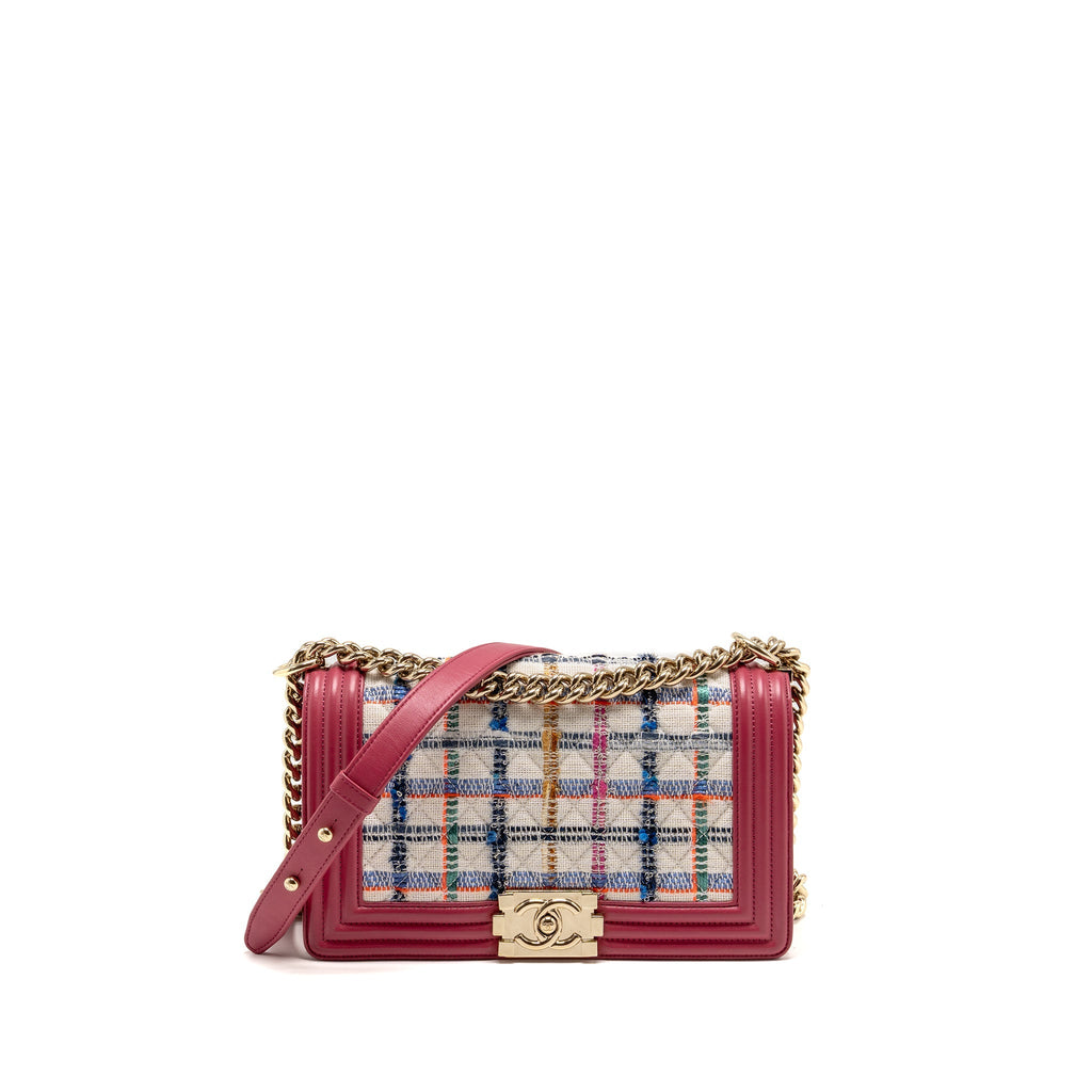 CHANEL MEDIUM BOY BAG FABRIC / LEATHER PINK LGHW
