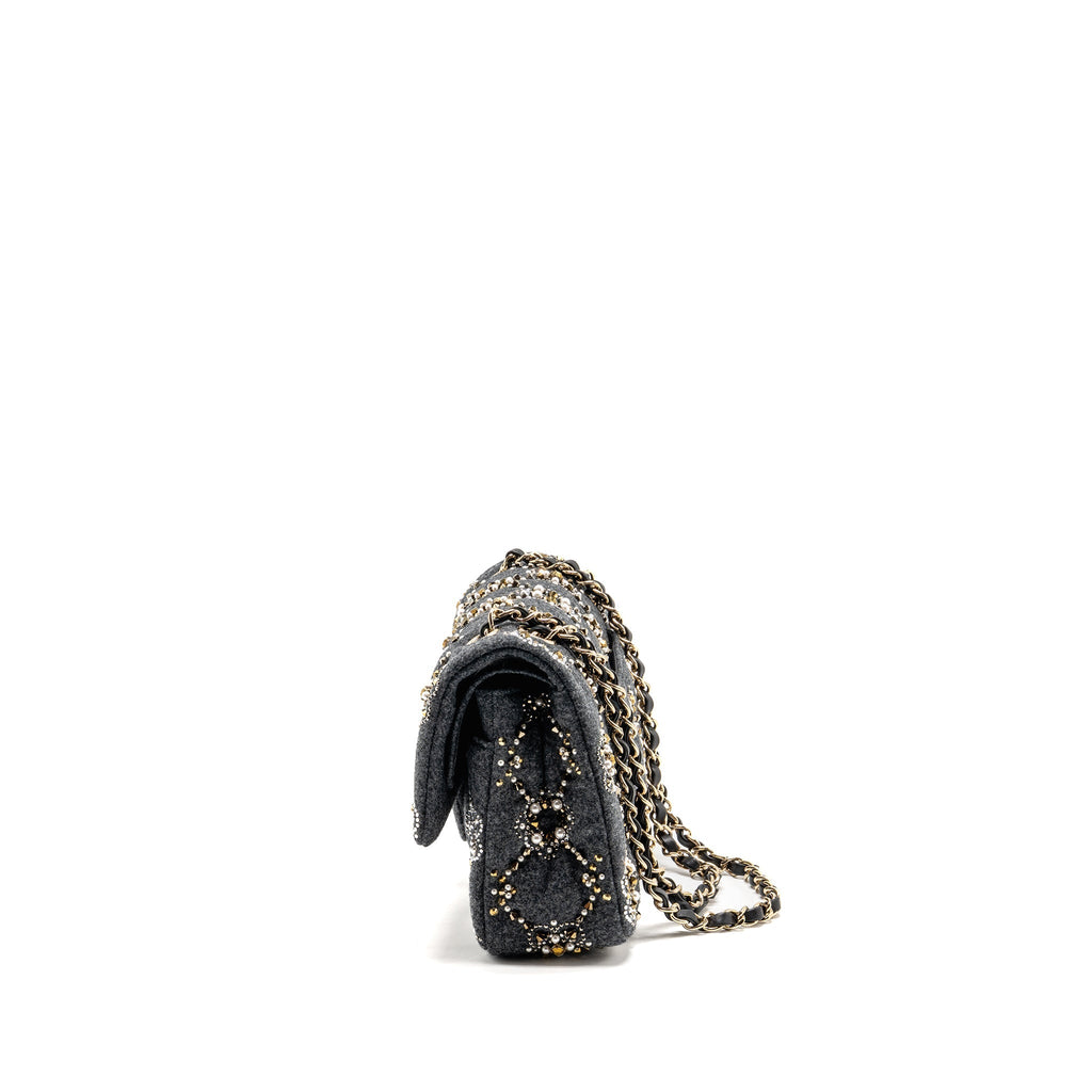 CHANEL 21A PEARL STRASS CRYSTAL MEDIUM CLASSIC DOUBLE FLAP BAG FABRIC GREY LGHW