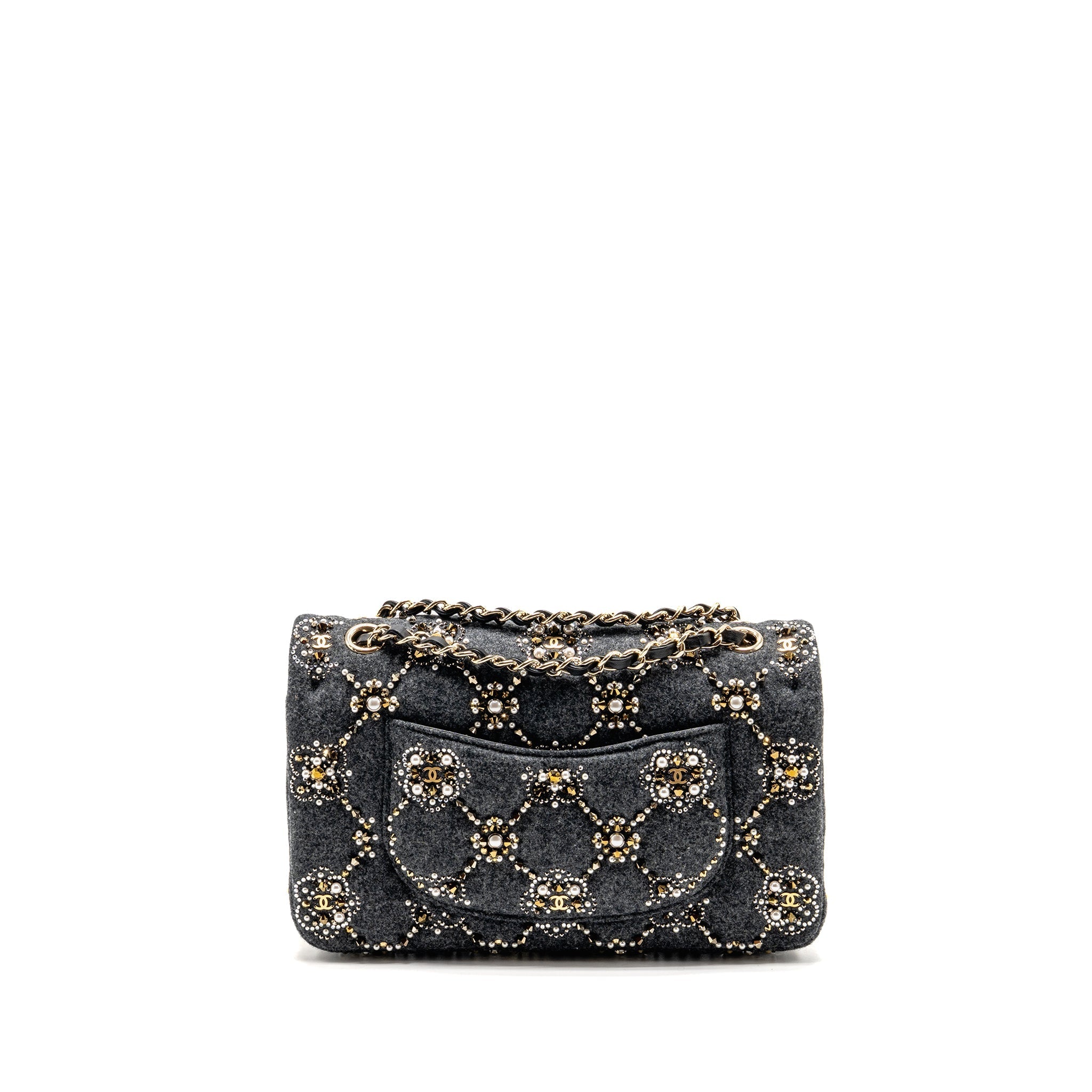 CHANEL 21A PEARL STRASS CRYSTAL MEDIUM CLASSIC DOUBLE FLAP BAG FABRIC GREY LGHW