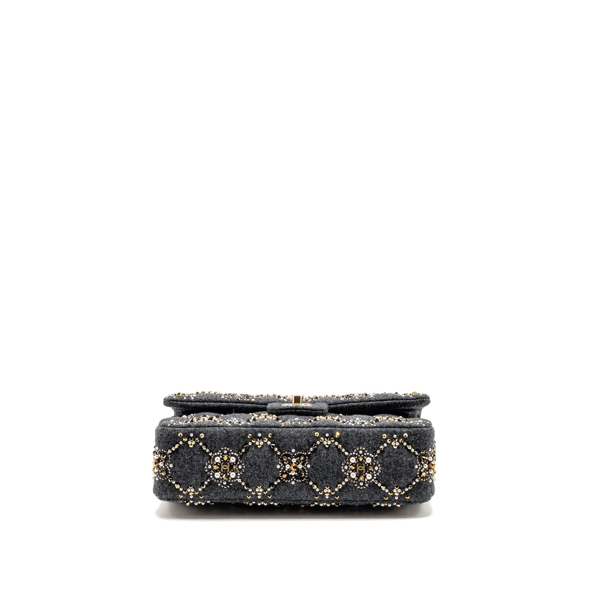 CHANEL 21A PEARL STRASS CRYSTAL MEDIUM CLASSIC DOUBLE FLAP BAG FABRIC GREY LGHW