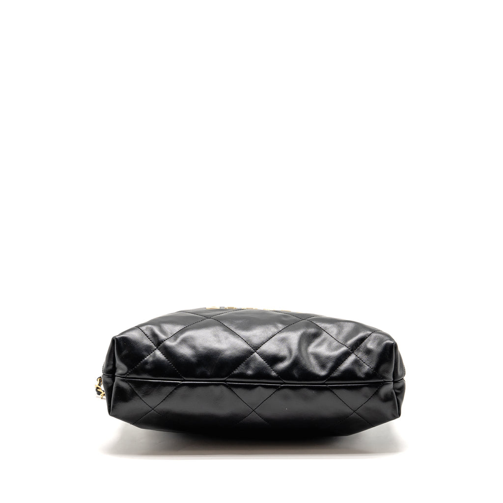 CHANEL SMALL 22 BAG WHITE LETTER SHINY CALFSKIN BLACK GHW (MICROCHIP)
