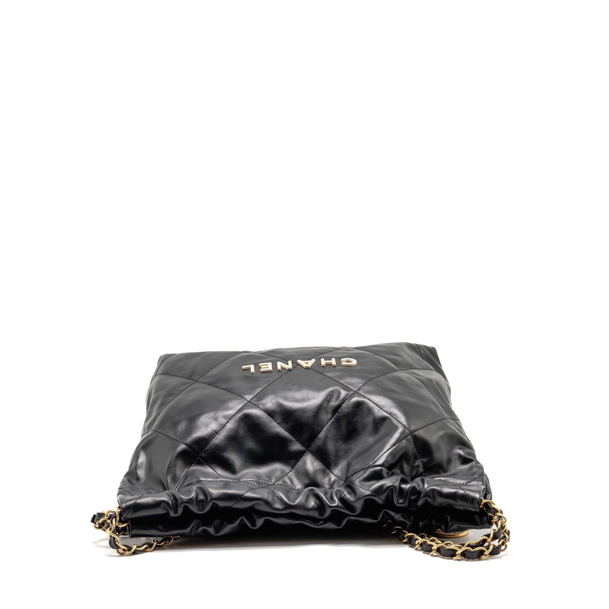 CHANEL SMALL 22 BAG WHITE LETTER SHINY CALFSKIN BLACK GHW (MICROCHIP)