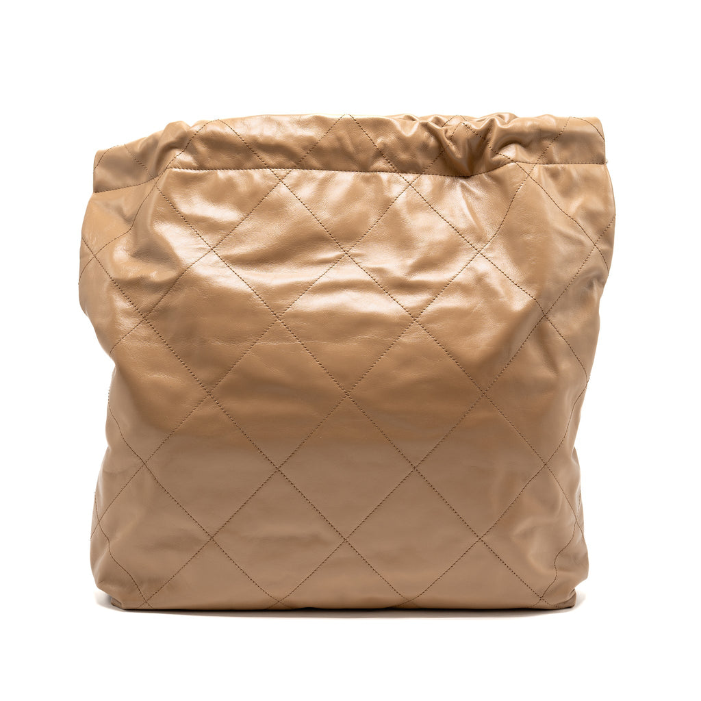 CHANEL LARGE 22 BAG SHINY CALFSKIN DARK BEIGE SHW (MICROCHIP)