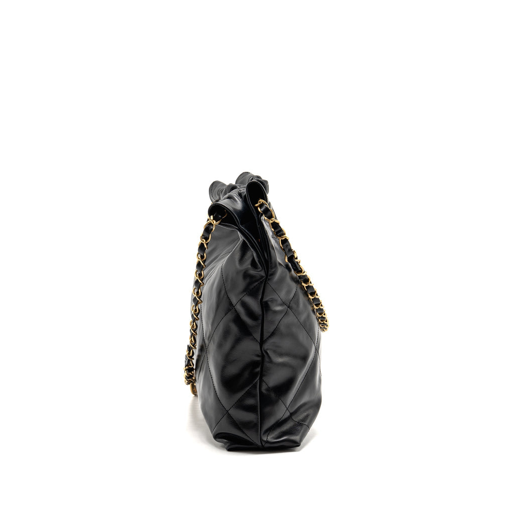 CHANEL SMALL 22 BAG WHITE LETTER SHINY CALFSKIN BLACK GHW (MICROCHIP)