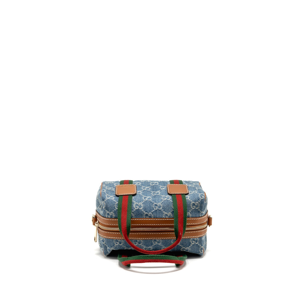 GUCCI MINI GG HANDBAG GG DENIM/LEATHER LIGHT BLUE/WHITE/BROWN GHW
