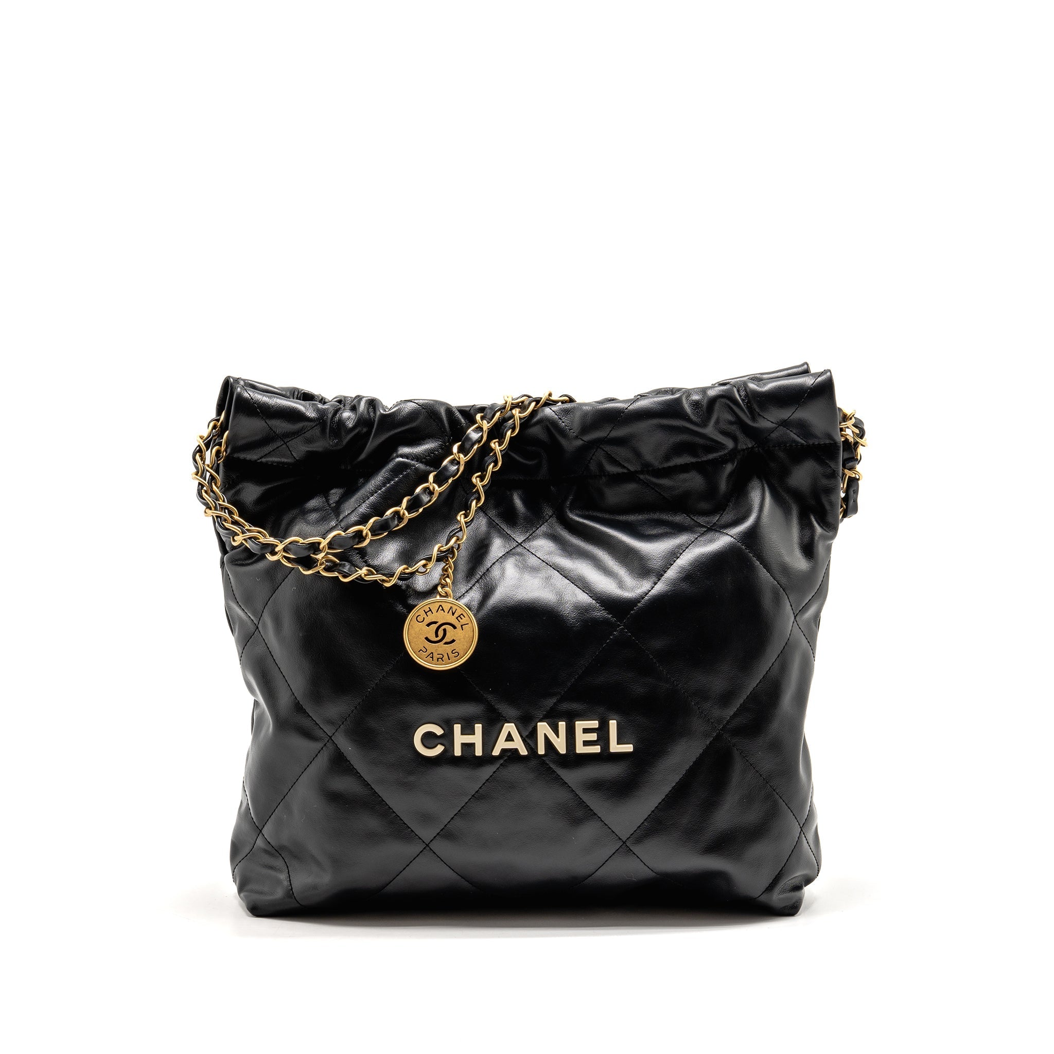 CHANEL SMALL 22 BAG WHITE LETTER SHINY CALFSKIN BLACK GHW (MICROCHIP)