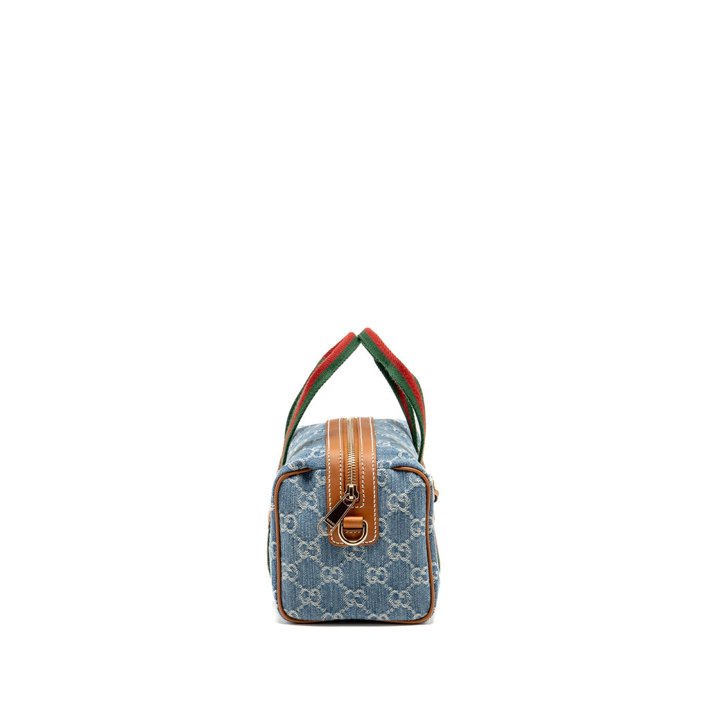 GUCCI MINI GG HANDBAG GG DENIM/LEATHER LIGHT BLUE/WHITE/BROWN GHW