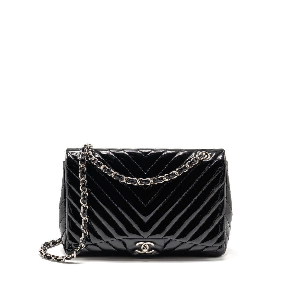 CHANEL CHEVRON JUMBO SINGLE FLAP BAG PATENT BLACK SHW