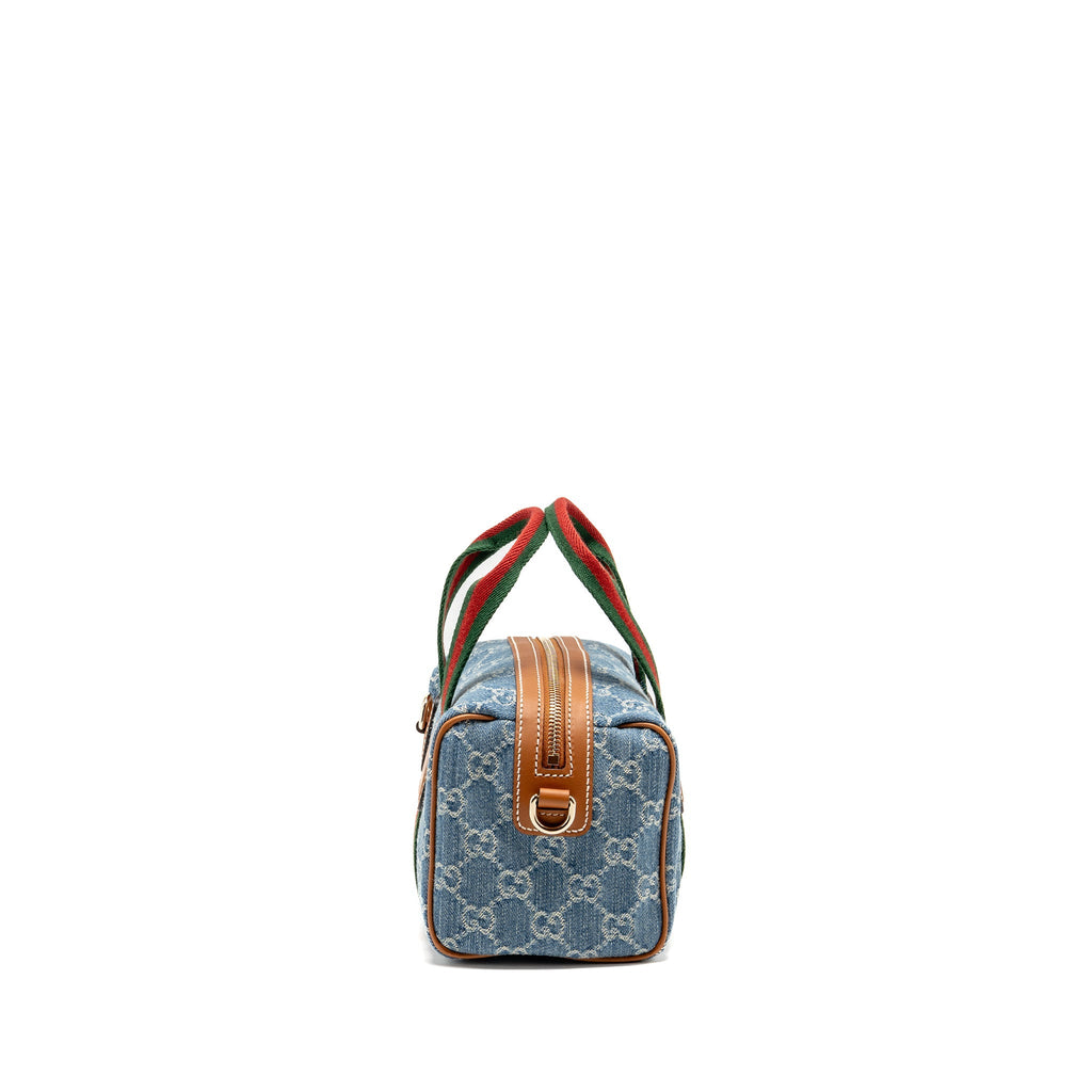 GUCCI MINI GG HANDBAG GG DENIM/LEATHER LIGHT BLUE/WHITE/BROWN GHW