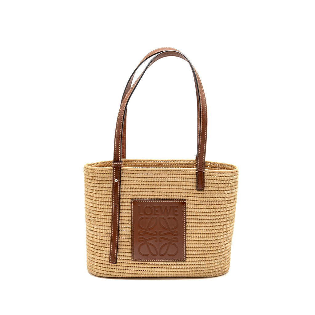 LOEWE SMALL ANAGRAM SQUARE BASKET BAG RAFFIA BROWN/BEIGE