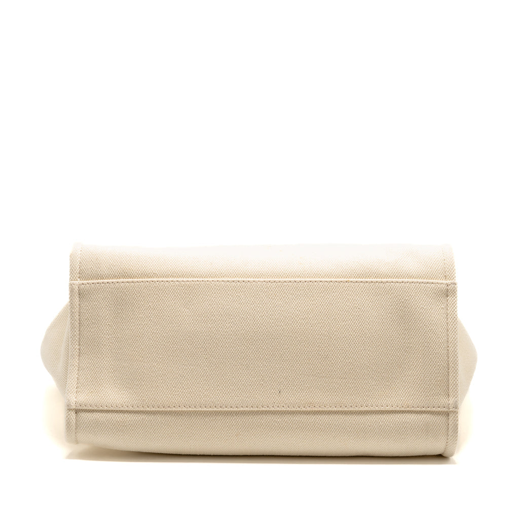 CHANEL DEAUVILLE TOTE BAG WITH PEARL LOGO FABRIC/LEATHER CREAMY WHITE/BEIGE LGHW