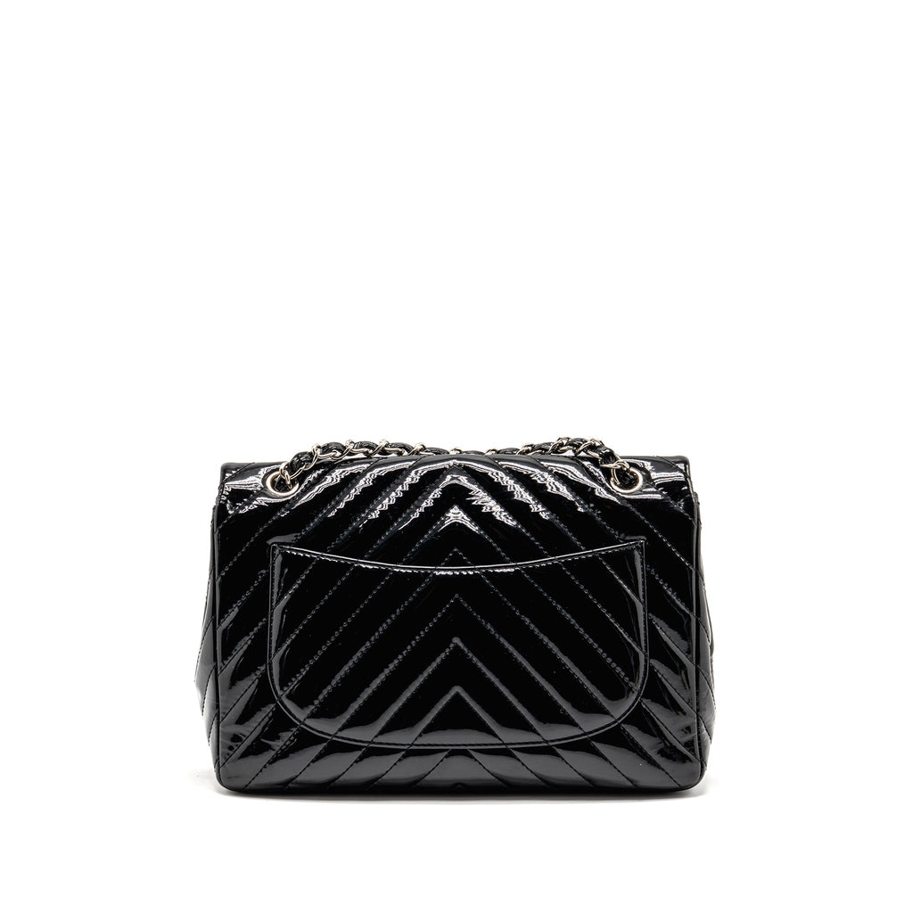 CHANEL CHEVRON JUMBO SINGLE FLAP BAG PATENT BLACK SHW