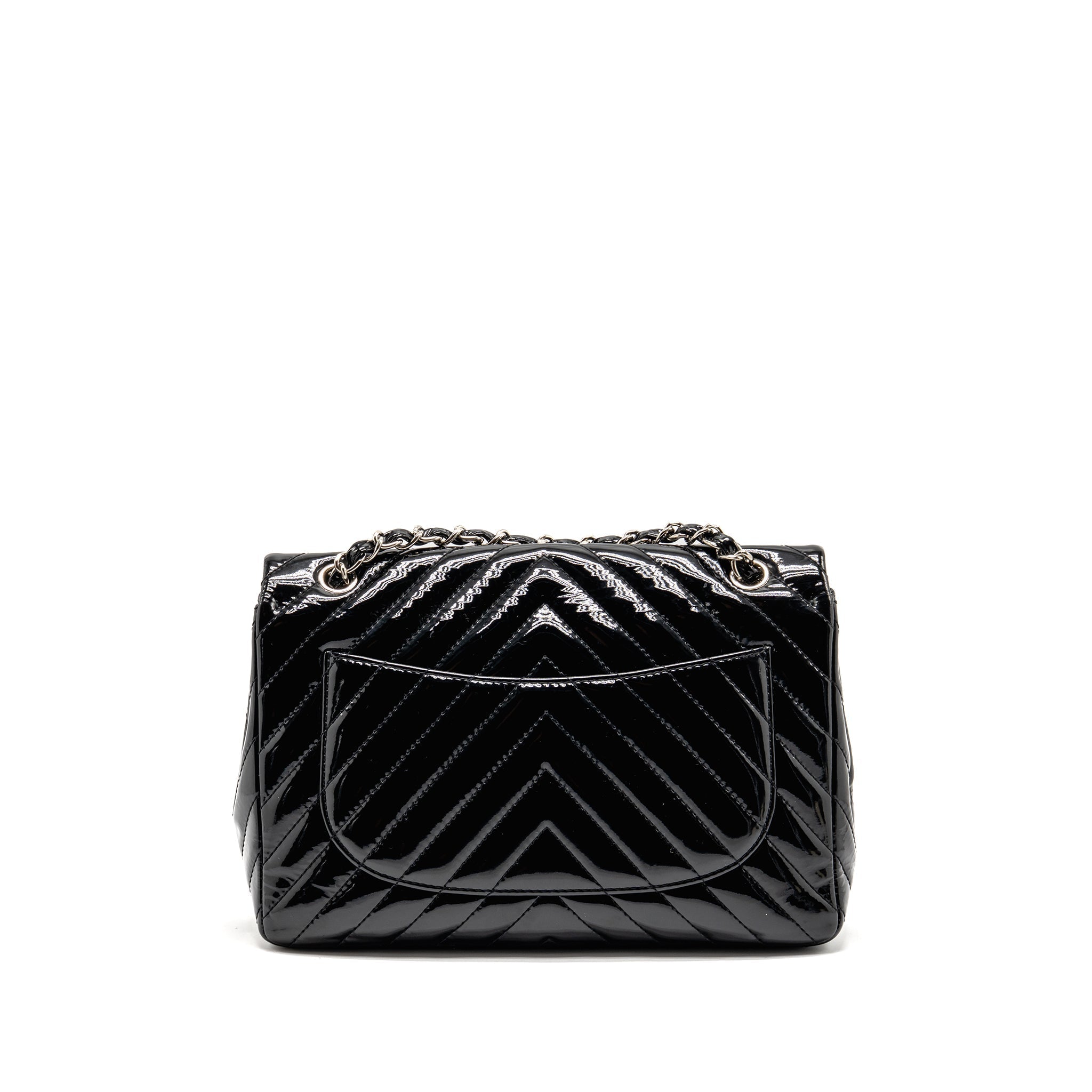 CHANEL CHEVRON JUMBO SINGLE FLAP BAG PATENT BLACK SHW