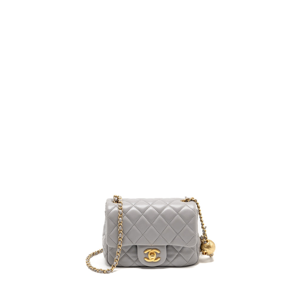 CHANEL PEARL CRUSH MINI SQUARE FLAP BAG LAMBSKIN GREY GHW (MICROCHIP)