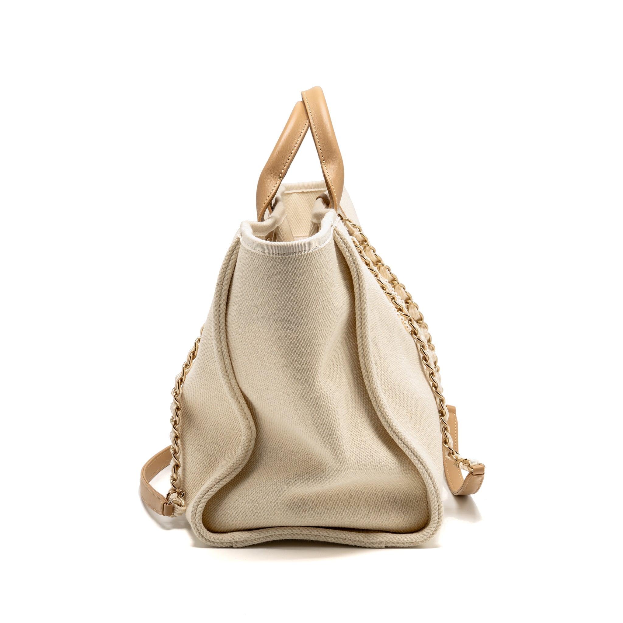 CHANEL DEAUVILLE TOTE BAG WITH PEARL LOGO FABRIC/LEATHER CREAMY WHITE/BEIGE LGHW