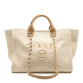 CHANEL DEAUVILLE TOTE BAG WITH PEARL LOGO FABRIC/LEATHER CREAMY WHITE/BEIGE LGHW