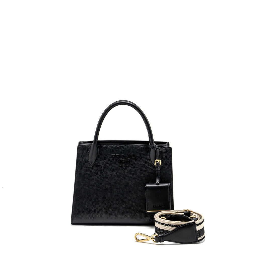 PRADA SMALL MONOCHROME TOTE BAG SAFFIANO CALFSKIN BLACK GHW