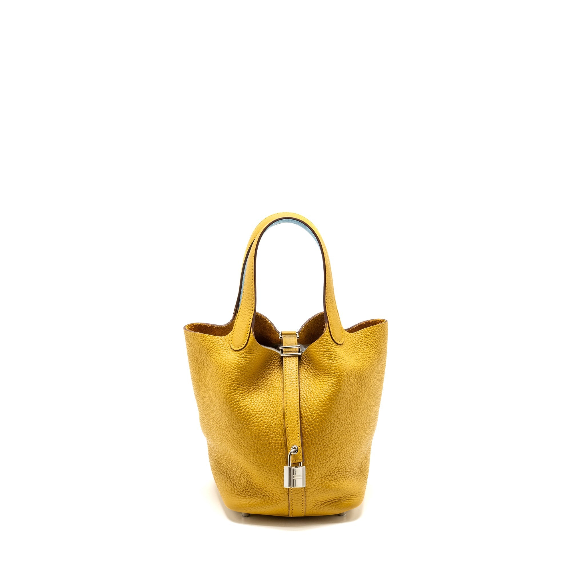 HERMES PICOTIN 18 LOCK BAG CLEMENCE 9D JAUNE AMBER / P3 BLUE DU NORD SHW
