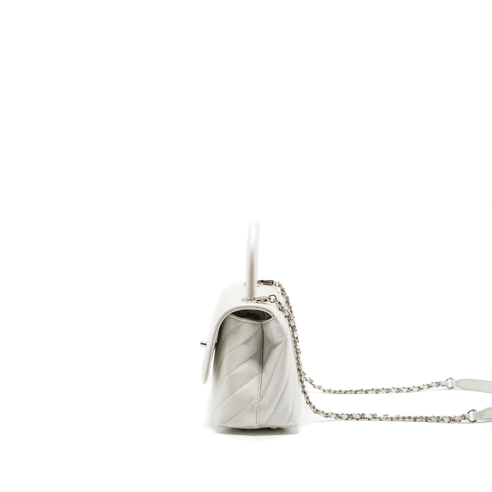 CHANEL CHEVRON SMALL COCO HANDLE CAVIAR IRIDESCENT WHITE SHW