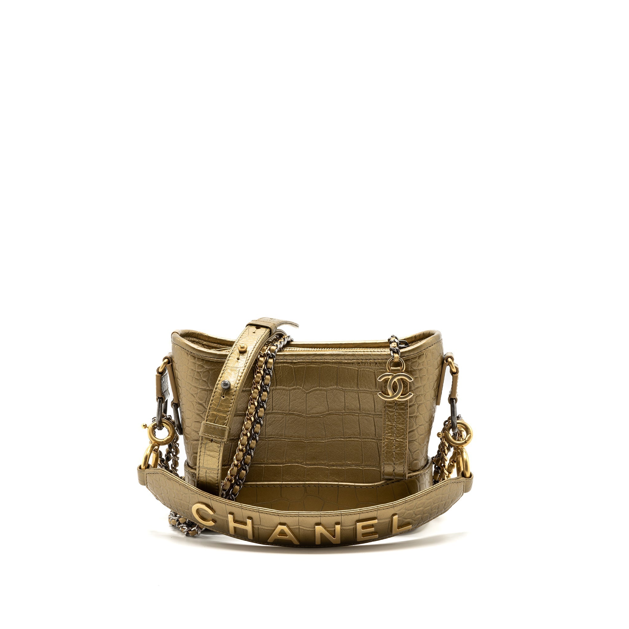 CHANEL SMALL GABRIELLE HOBO BAG WITH TOP HANDLE CROC-EMBOSSED CALFSKIN GOLD MULTICOLOUR HARDWARE