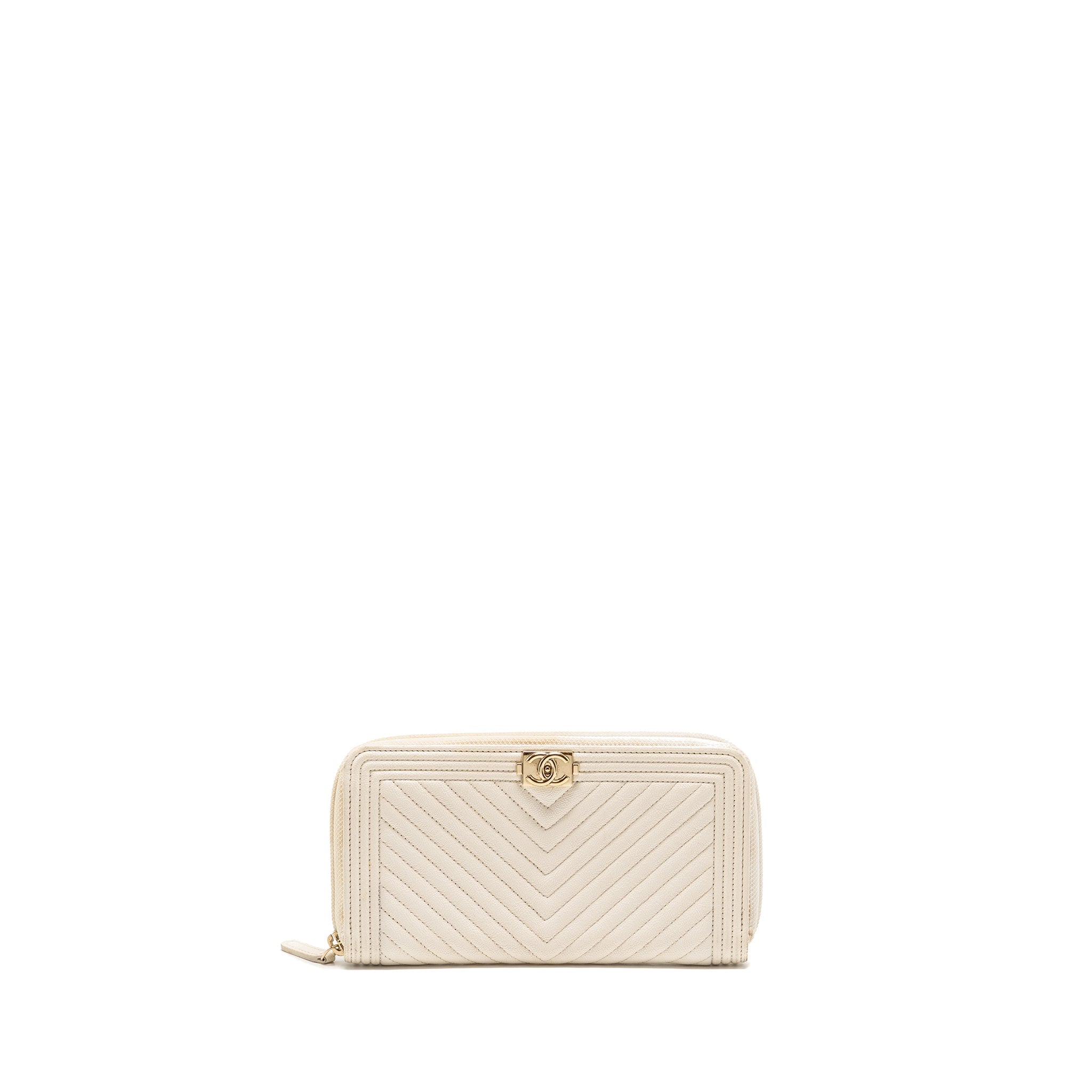 CHANEL CHEVRON BOY ZIP LONG WALLET CAVIAR WHITE LGHW