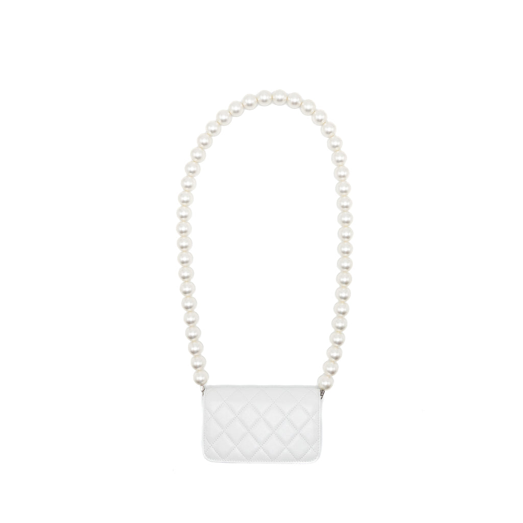 CHANEL GIANT PEARL CHAIN MINI FLAP BAG LAMBSKIN WHITE SHW