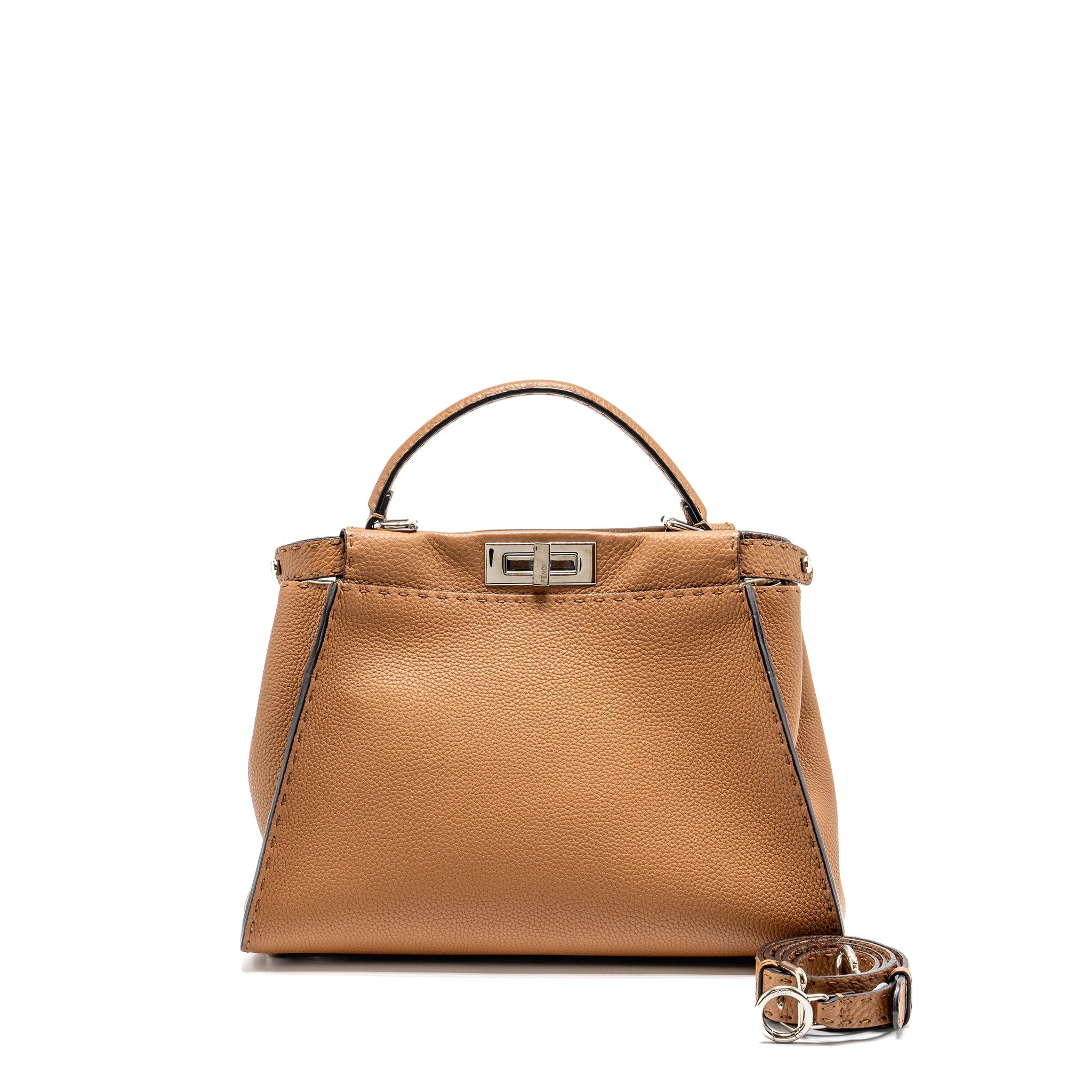 FENDI MEDIUM PEEKABOO TOTE BAG GRAINED CALFSKIN DARK BEIGE SHW