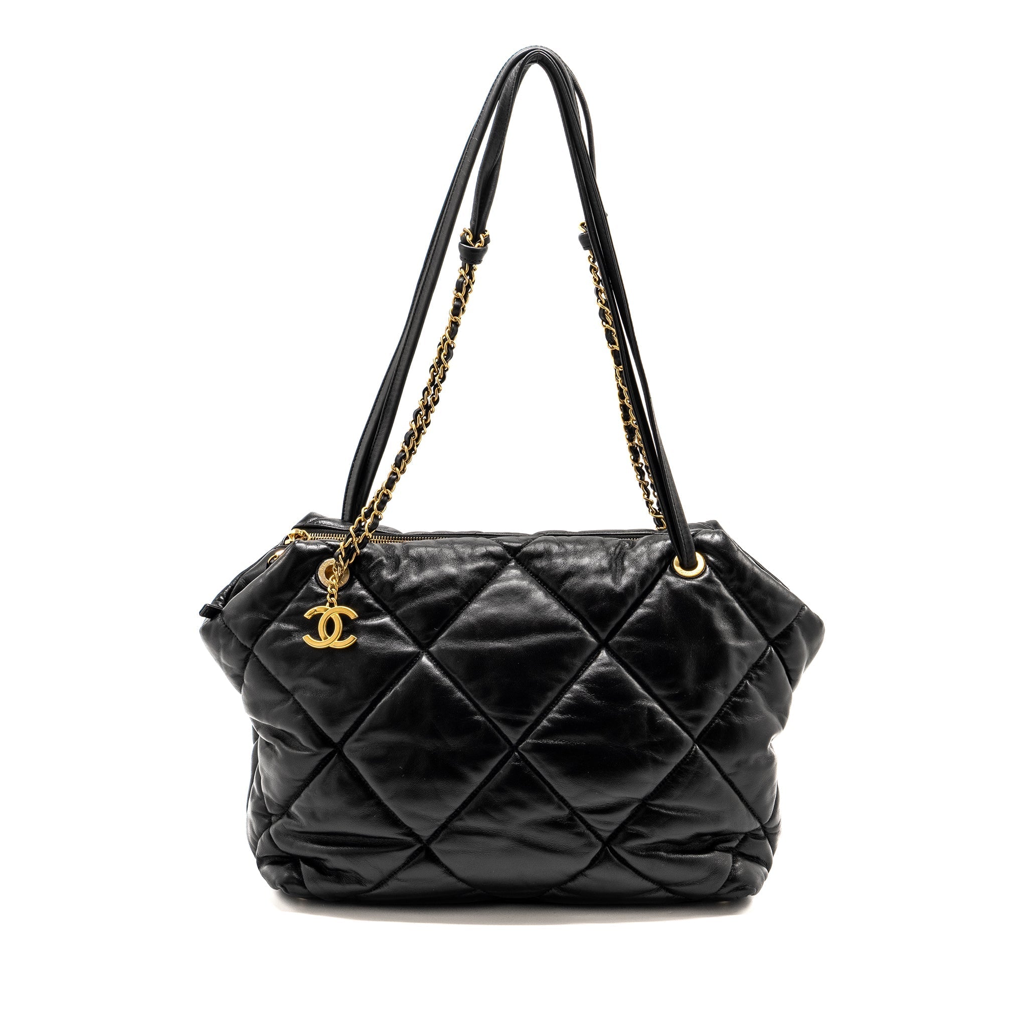 CHANEL NEW YORK BOWLING BAG QUILTED LAMBSKIN BLACK GHW