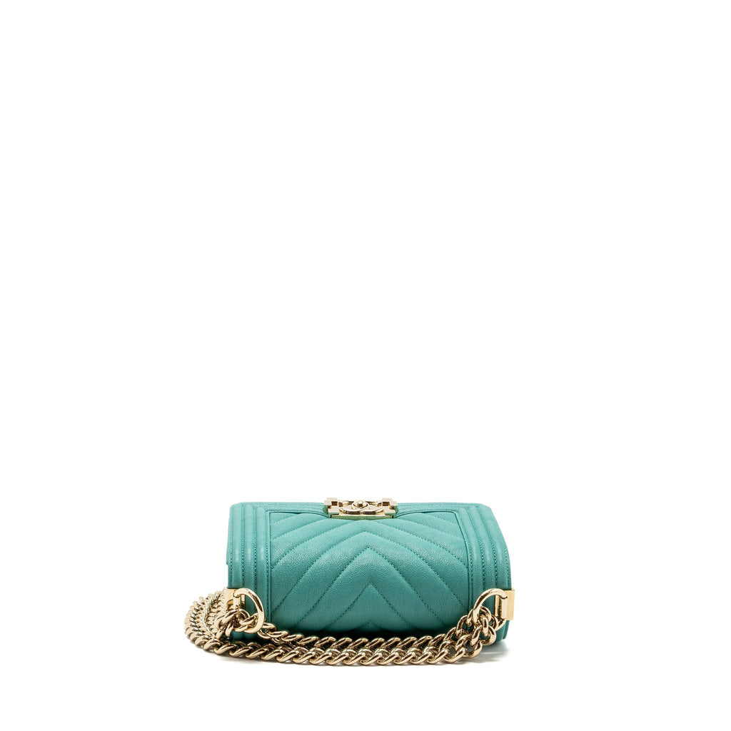 CHANEL CHEVRON SMALL BOY BAG CAVIAR LIGHT GREEN LGHW