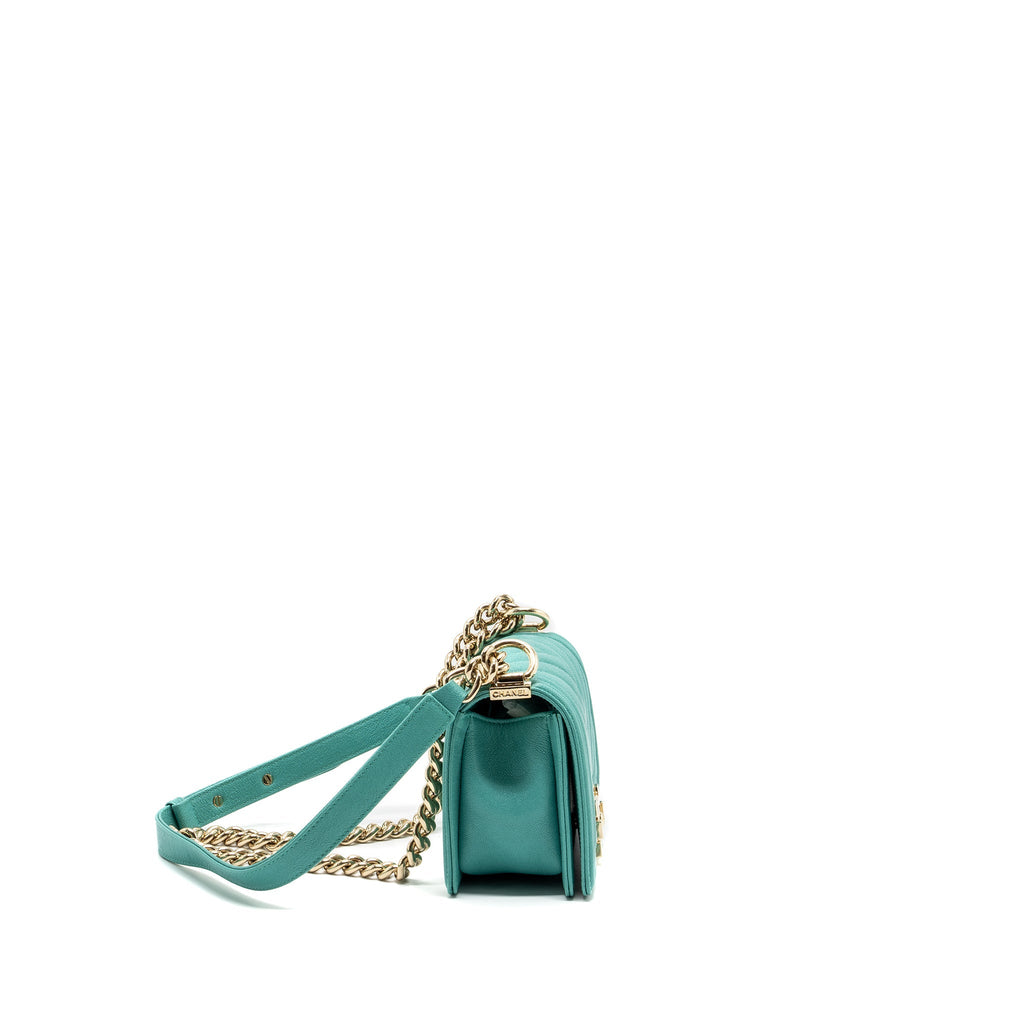 CHANEL CHEVRON SMALL BOY BAG CAVIAR LIGHT GREEN LGHW