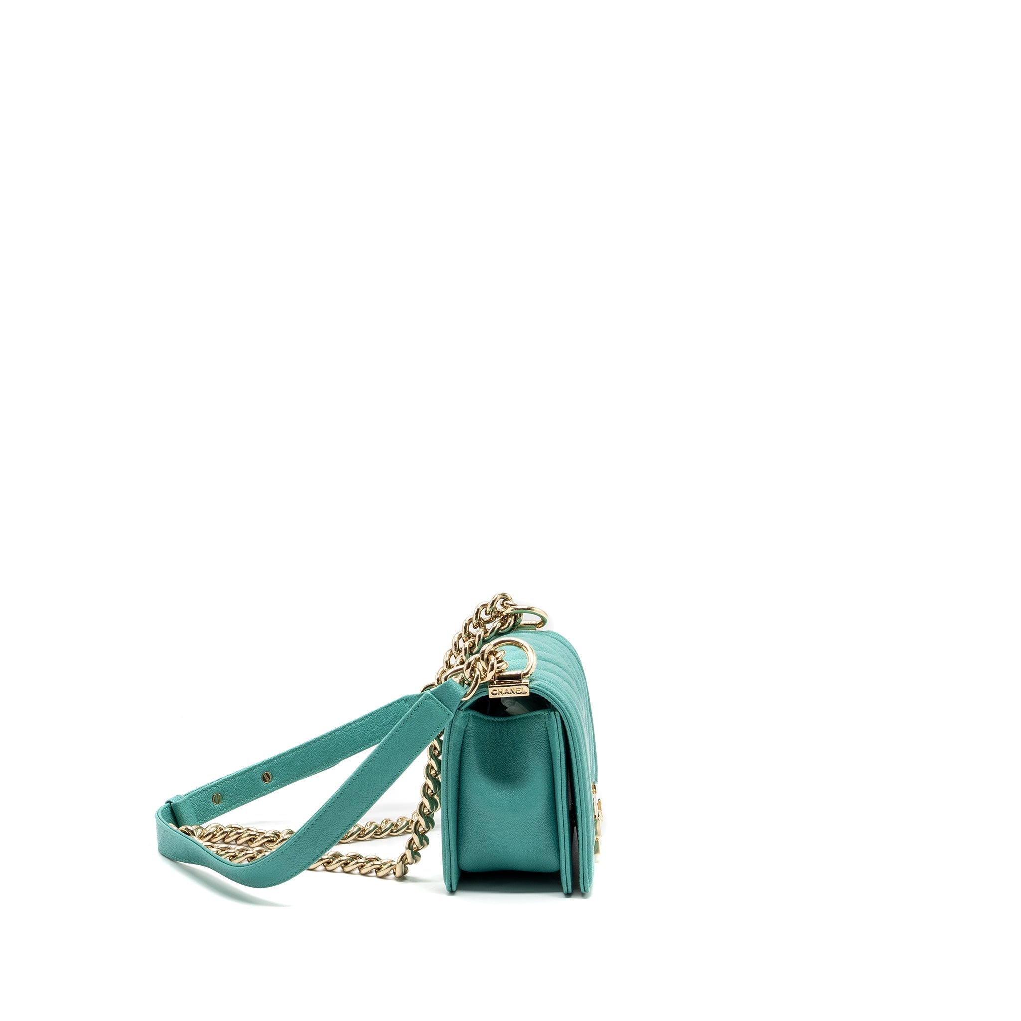 CHANEL CHEVRON SMALL BOY BAG CAVIAR LIGHT GREEN LGHW