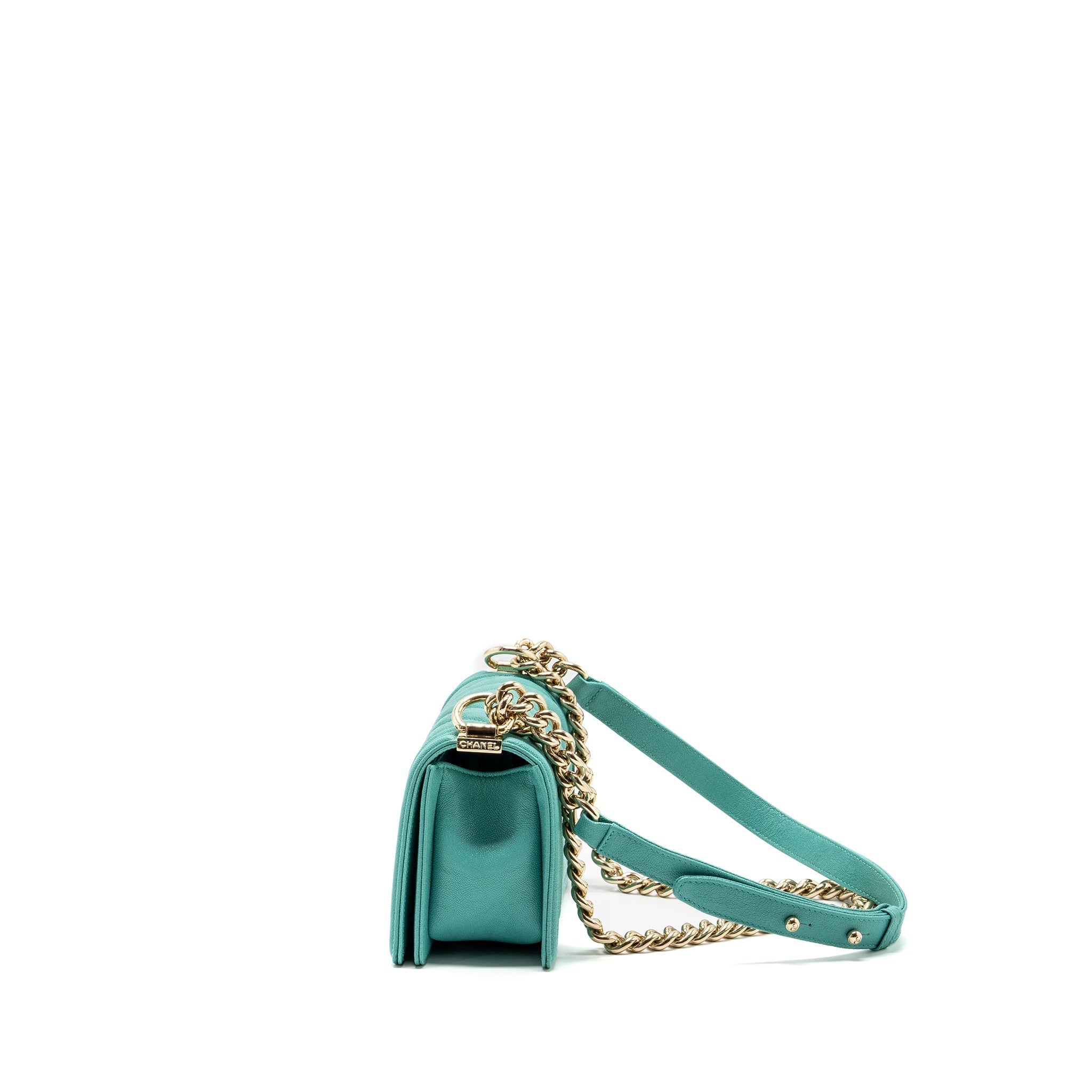 CHANEL CHEVRON SMALL BOY BAG CAVIAR LIGHT GREEN LGHW