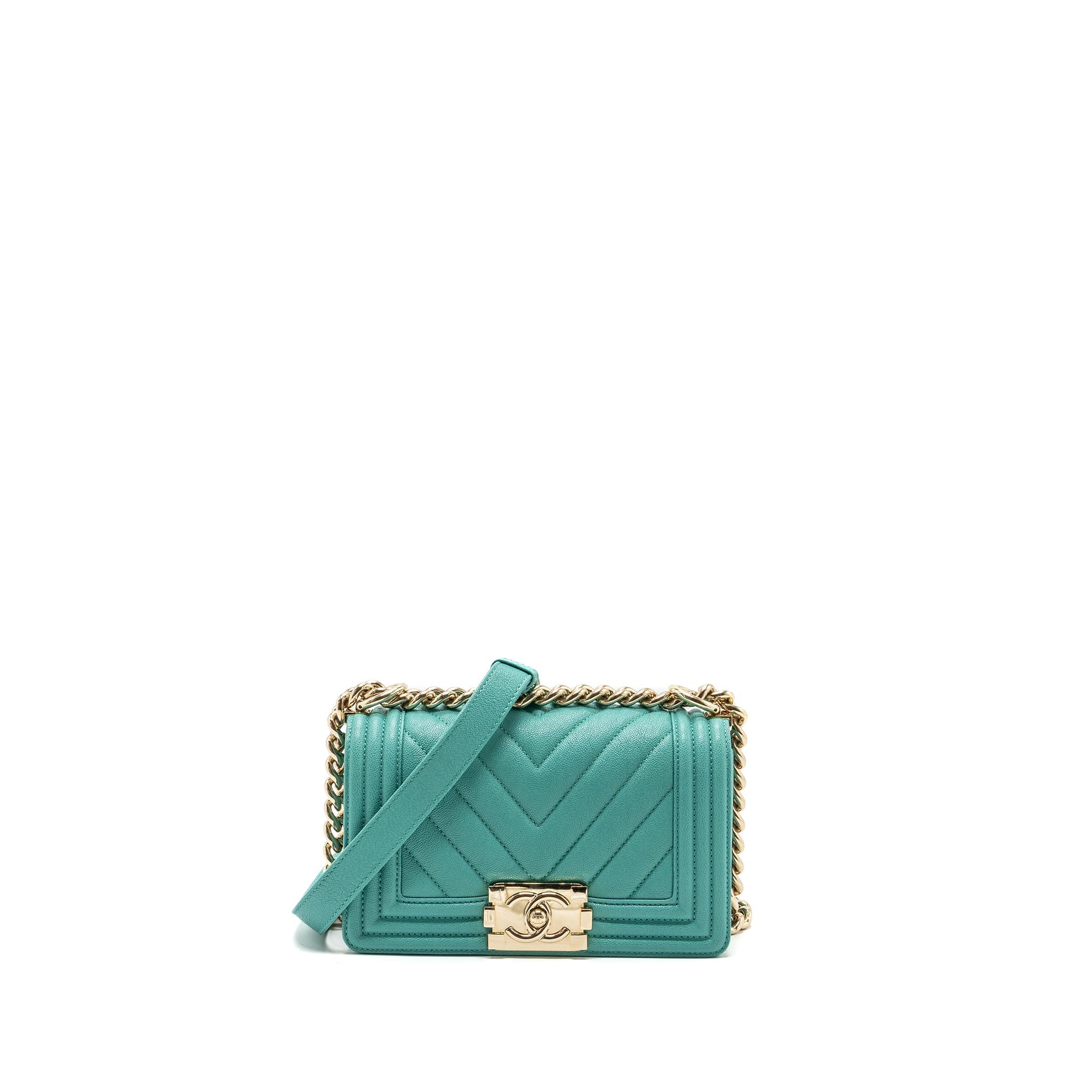 CHANEL CHEVRON SMALL BOY BAG CAVIAR LIGHT GREEN LGHW