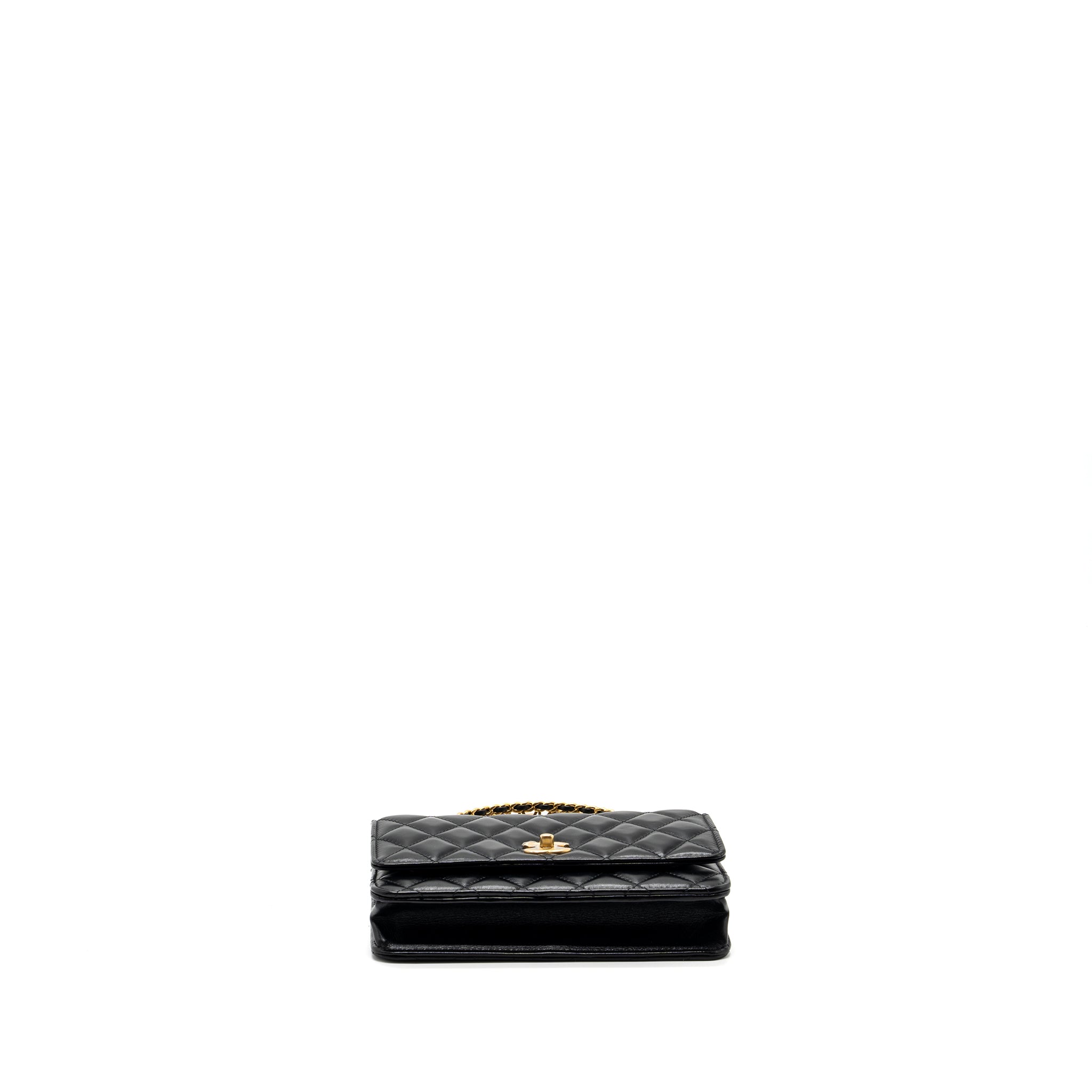 CHANEL LETTER LOGO TOP HANDLE FLAP WALLET ON CHAIN SHINY CALFSKIN BLACK GHW (MICROCHIP)