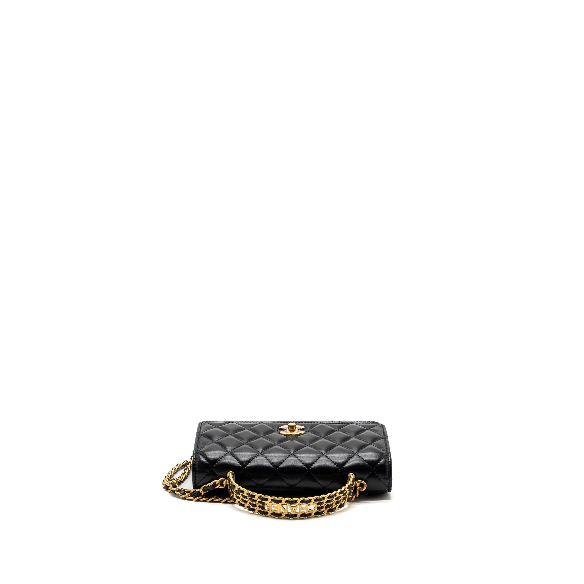 CHANEL LETTER LOGO TOP HANDLE FLAP WALLET ON CHAIN SHINY CALFSKIN BLACK GHW (MICROCHIP)