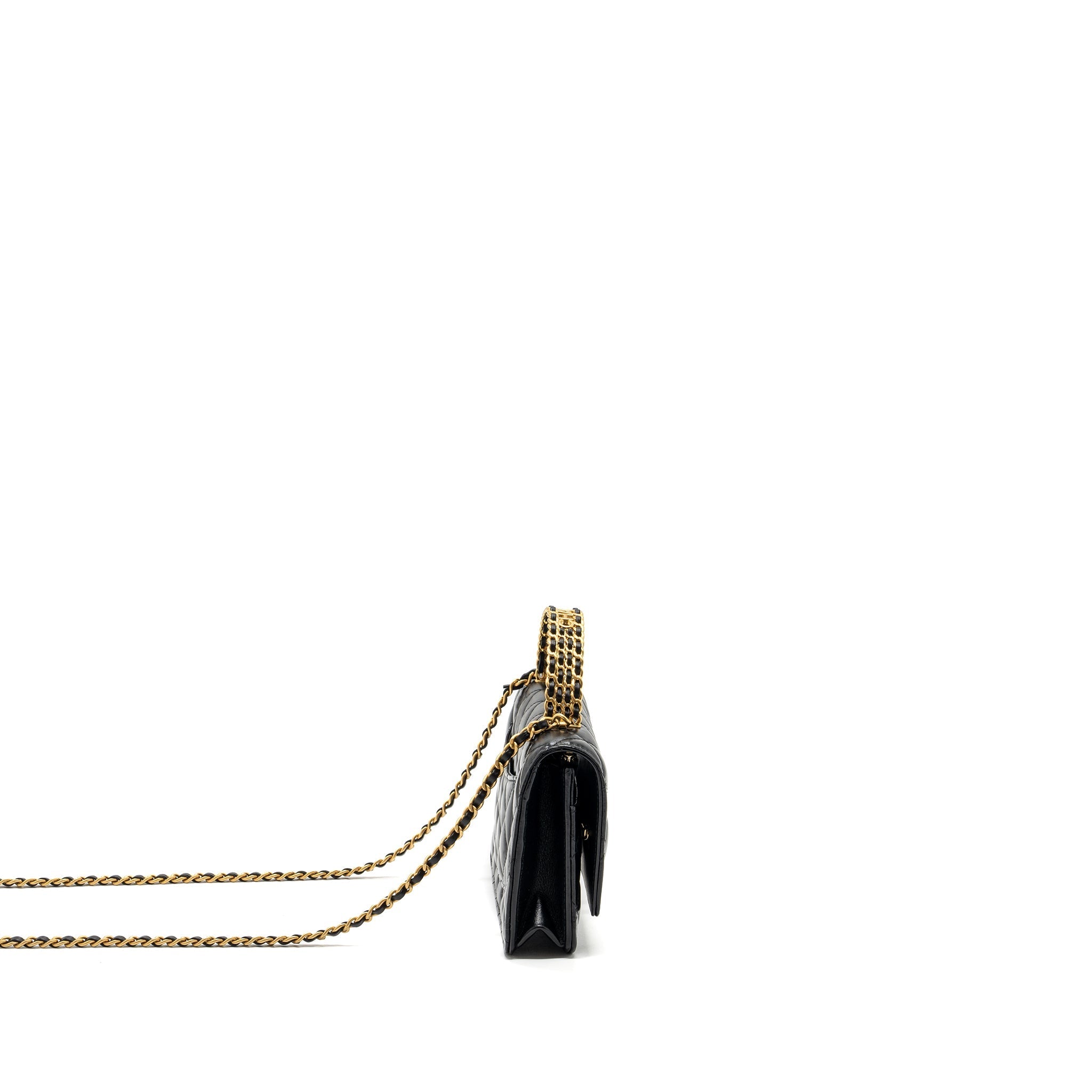 CHANEL LETTER LOGO TOP HANDLE FLAP WALLET ON CHAIN SHINY CALFSKIN BLACK GHW (MICROCHIP)