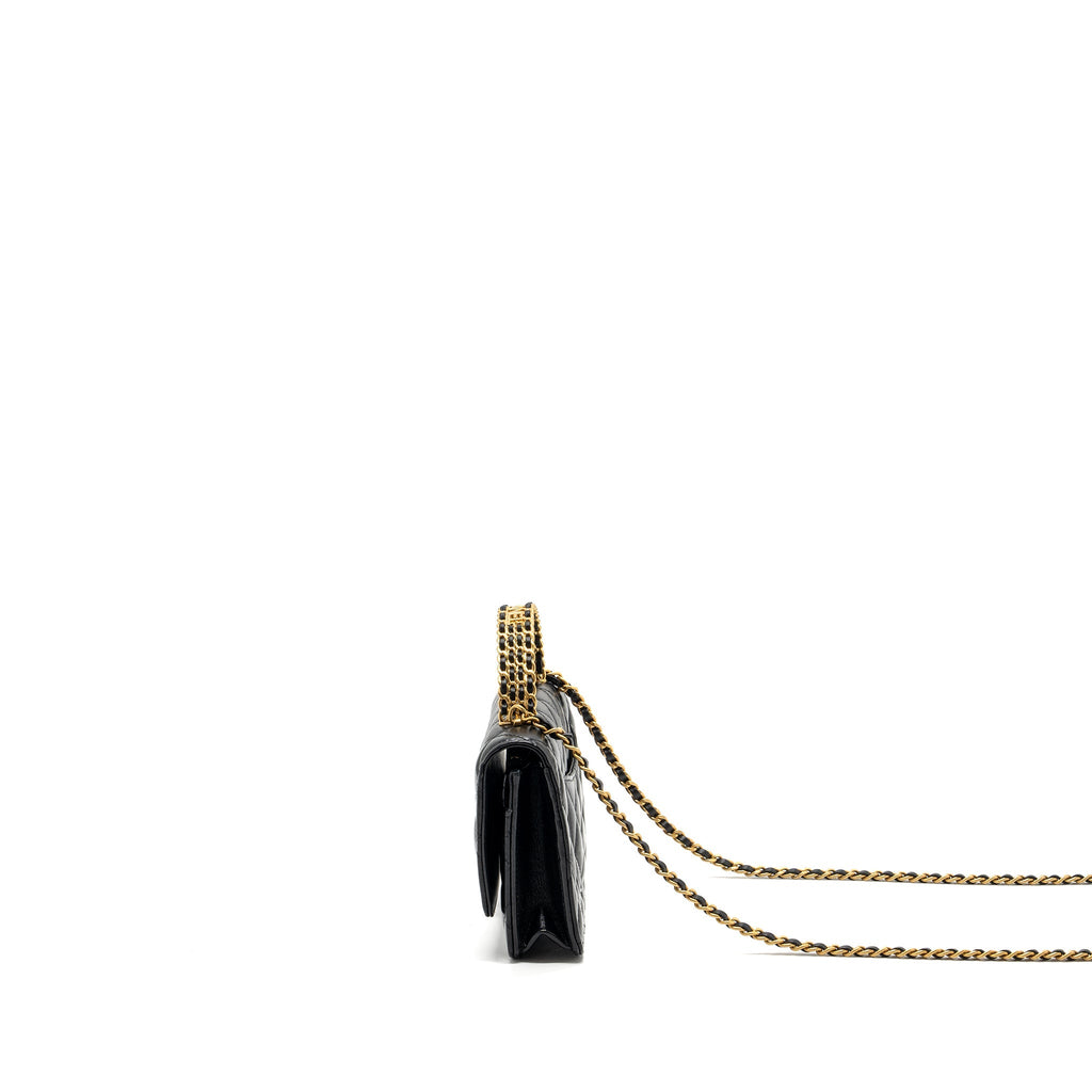 CHANEL LETTER LOGO TOP HANDLE FLAP WALLET ON CHAIN SHINY CALFSKIN BLACK GHW (MICROCHIP)