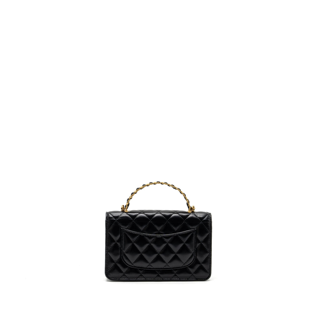 CHANEL LETTER LOGO TOP HANDLE FLAP WALLET ON CHAIN SHINY CALFSKIN BLACK GHW (MICROCHIP)
