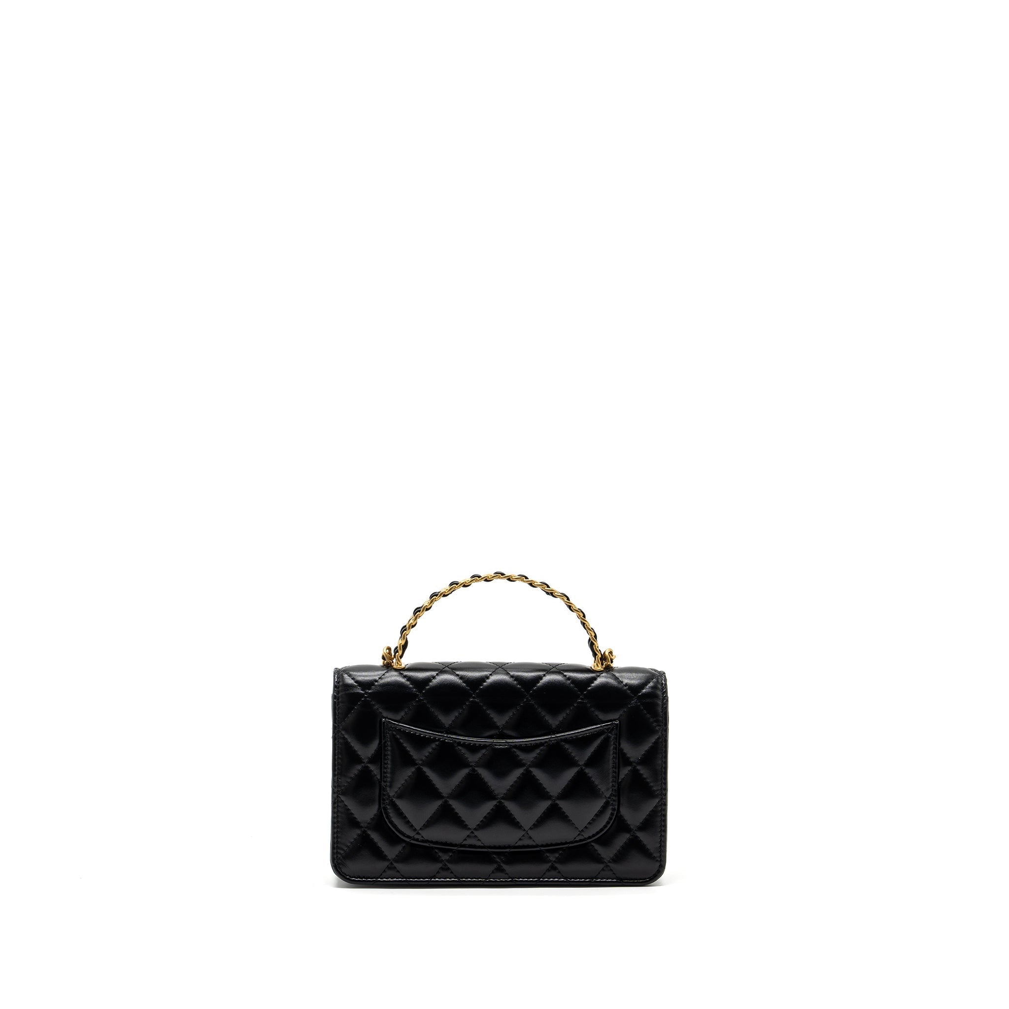 CHANEL LETTER LOGO TOP HANDLE FLAP WALLET ON CHAIN SHINY CALFSKIN BLACK GHW (MICROCHIP)