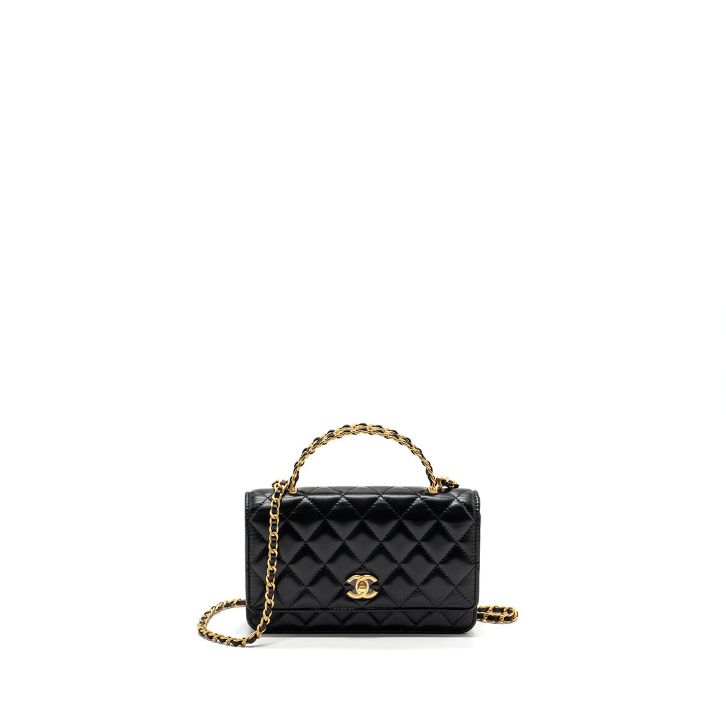 CHANEL LETTER LOGO TOP HANDLE FLAP WALLET ON CHAIN SHINY CALFSKIN BLACK GHW (MICROCHIP)