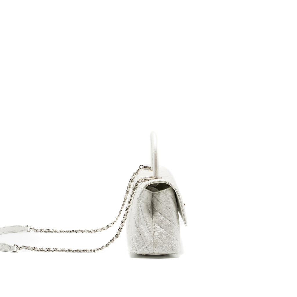 CHANEL CHEVRON SMALL COCO HANDLE CAVIAR IRIDESCENT WHITE SHW