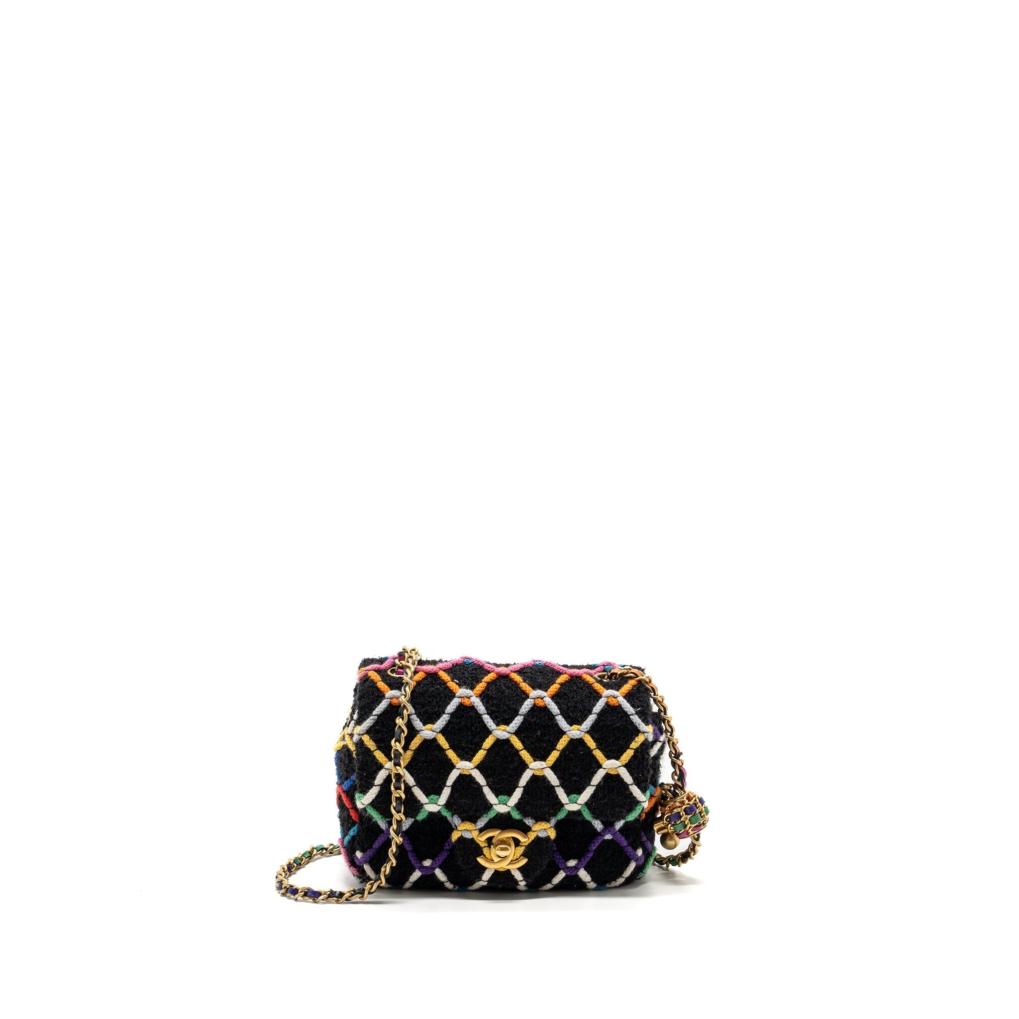 CHANEL 22S PEARL CRUSH MINI SQUARE FLAP BAG FABRIC / TWEED BLACK / MULTICOLOR GHW (MICROCHIP)