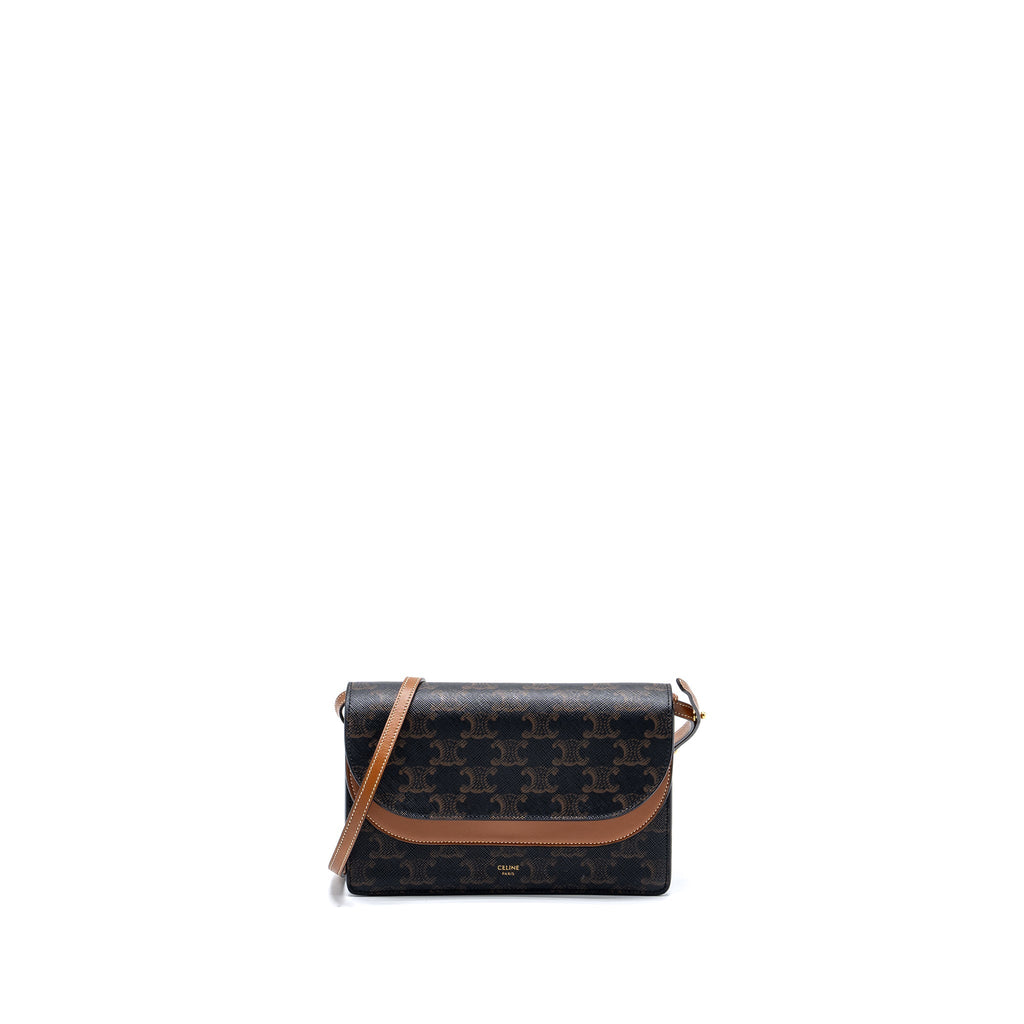 CELINE WALLET ON STRAP TRIOMPHE CANVAS/SMOOTH LAMBSKIN TAN GHW